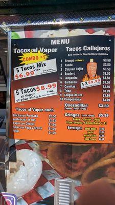 The menu of the taco stand.