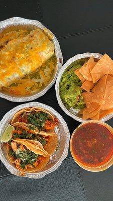 Consom birria, Guacamole and Chips, chicken Tinga Taco, burrito