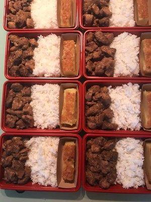 Bento (Plate Lunch): Pork Adobo, Rice, with Butter Mochi