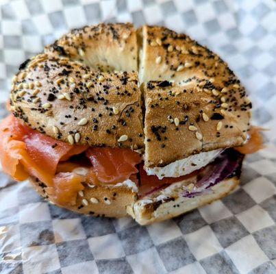 Lox on everything bagel extra toasted