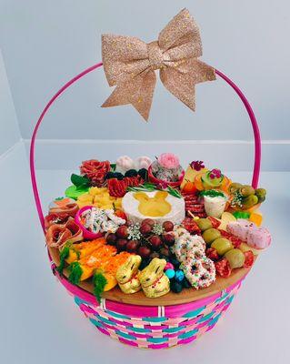 Easter basket charcuterie with egg hunt surprise inside, one of our "White Rabbit" series boards