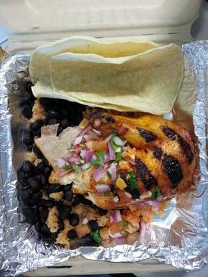 Achiote Roasted Chicken w/ Rice, Black Beans, Corn Tortillas, and Spicy Habanero Sauce