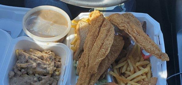 Fried fish, fries and Etouffe over fries