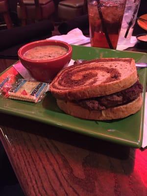 Patty melt with wild rice soup