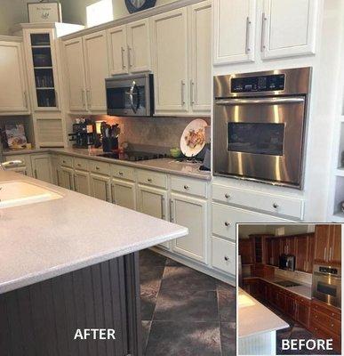 Designer Cabinet Refinishing - Antique White with Gray Accent Island.  www.designercabinetrefinishing.com 602-277-2216