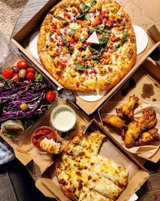 Chicken Pizza Masala, Cheesy Bread, and Halal Masala Wings