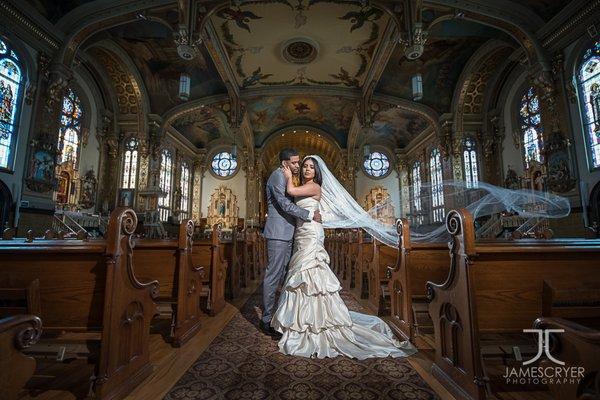 Historic Chicago churches lead to timeless Chicago wedding portrait.