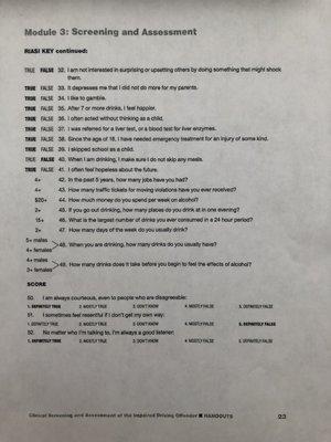 2/2 Screening tool answer key for DWIs. Even with a perfect score they will recommend treatment b/c they are scammers.