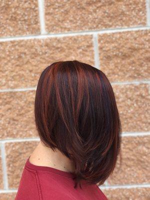 Red violet hair with purple and copper highlights