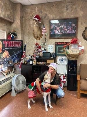 The shop dog  Her name is Bella. Her first Christmas