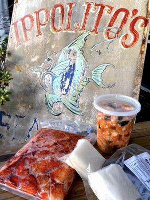 The biggest bag of lobster meat I've ever seen! Garlic shrimp. Chilean sea bass-just $12 a filet!