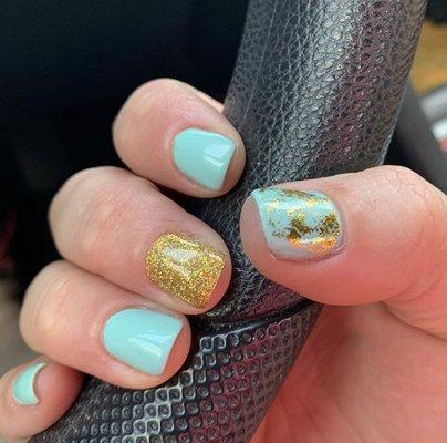 Turquoise gel nails with gold glitter and gold leaf