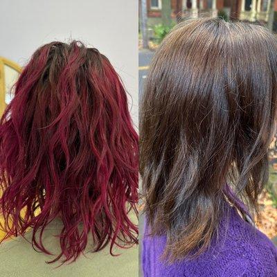 My daughter's home dye job on the left. Amanda's miracle restoration on the right.