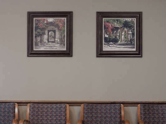 Two paintings of a garden hang on the wall above the waiting room chairs.