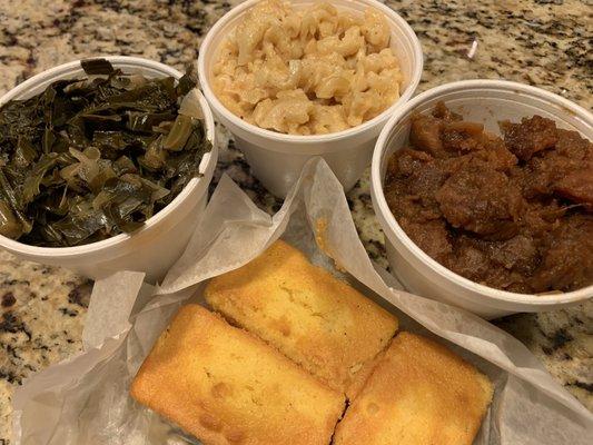 Sides - Greens, Mac & Cheese, Sweet Potatoes & Cornbread.