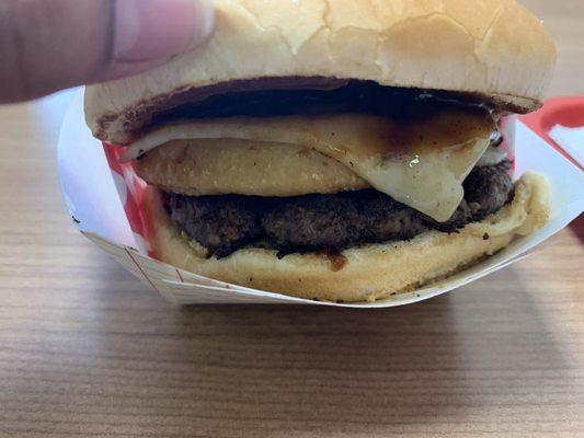 Barbecue burger. Onion ring, fried onions, pepper jack cheese and BBQ sauce