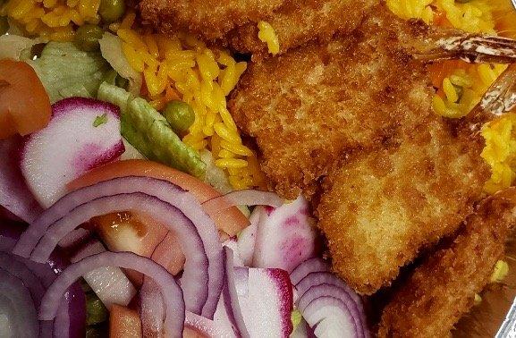 Fried Shrimp with salad and vegetable rice. Just right!