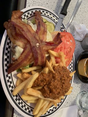 Den burger platter with Texas fries.