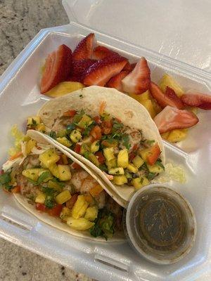 Shrimp tacos with a side of fruit. Delish!!