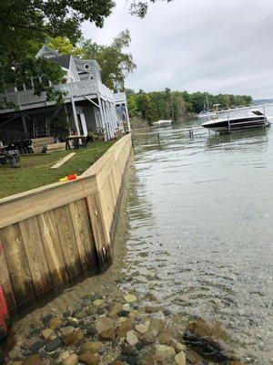 new wood seawall on lake michigan