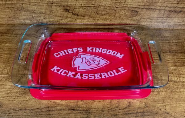 Kansas City AFC CHAMPS!  KC Chiefs Kickasserole Pyrex Dish w/Red Lid - 13x9 inches