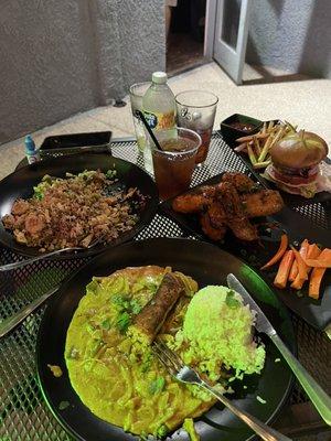 Shrimp Fried Rice, Thai Chicken wings, salmon curry and hamburger.