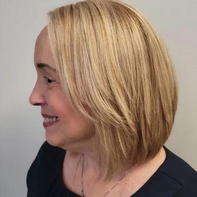 Grey Coverage color with highlights with a modern bob . by Karen