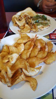 These potatoes are called wavy fries tasted between a French fry and fried potato.  Oh my the shrimp was delicious.