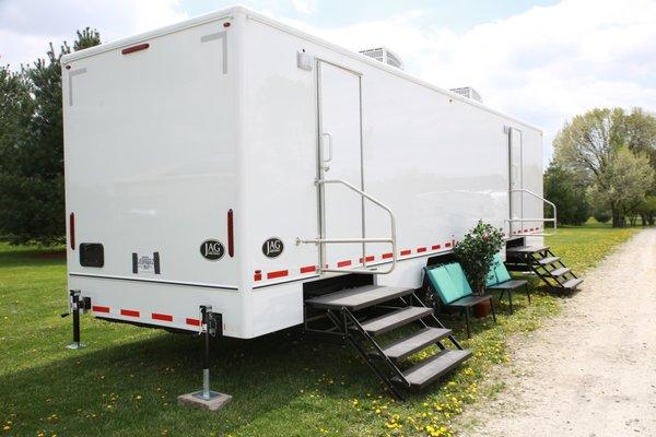 Exterior of the Bob's Premium Privies shower trailer.