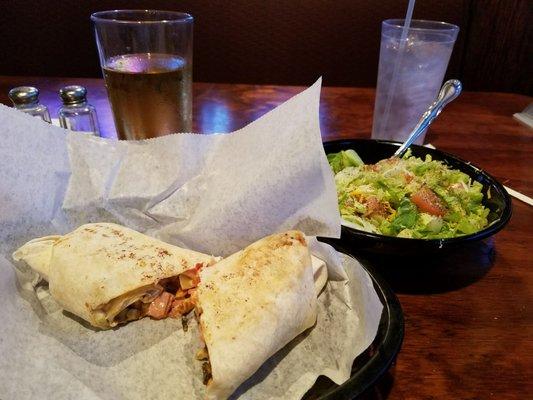 Chicken cordon bleu wrap, side salad and a light beer about $14