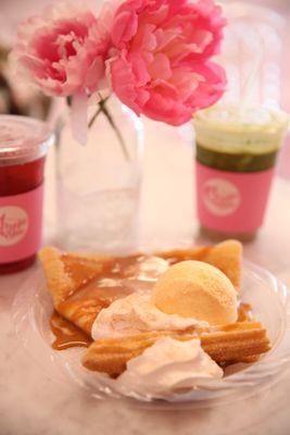 Churrisimo Cheesecake + Vanilla Ice Cream, Wild Berry Hibiscus Iced Tea, Strawberry Horchata Matcha Latte.