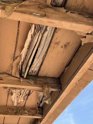 Soffits and eaves are damaged from the roof defects.