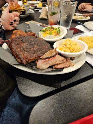 This was the 3 meat pork, ribs, and chicken with mashed potatoes and Mac and cheese