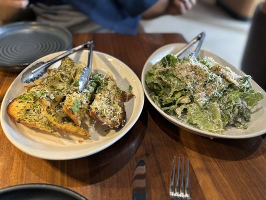 Garlic bread and Caesar salad