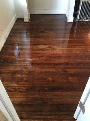 Here we have a pine wood floor that was sanded and stained Walnut because the customer wanted the honey glazed look on the pine floor..