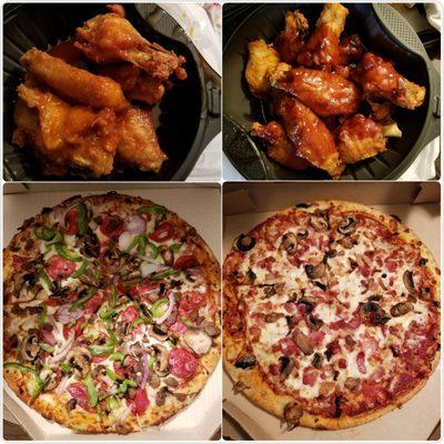 Buffalo and honey bbq wings, supreme and bacon with mushroom pizza