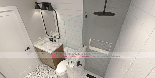 Small bathroom projects are an adventure!  Trendy herringbone tiles, sleek glass door, luxurious vanity, and captivating Moroccan floor!