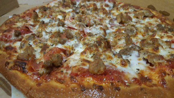 Meaty combo pizza, medium size. $8.50 plus tax