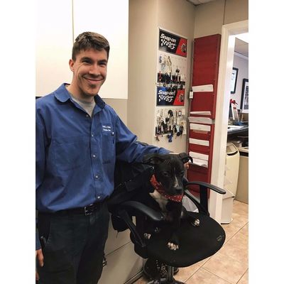 Our rescue shop dog, Barracuda and our Maplebrook student, Mike!