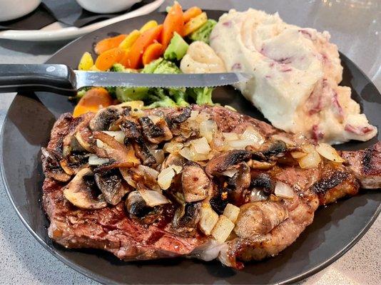 Ribeye steak with added mushrooms and onions. Delicious!