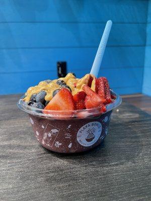 Build Your Own Bowl Açaí base with chocolate protein, blueberries, strawberries, peanut butter