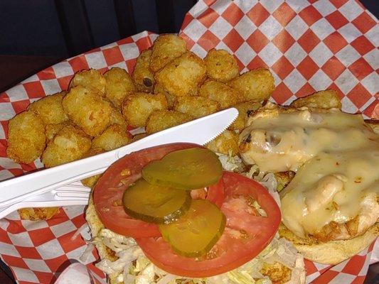 Open faced grilled chicken salad and tater tots