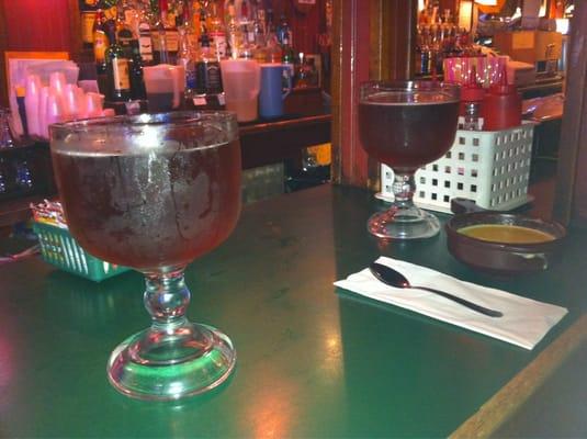 Two aquariums of Oktoberfest and a bowl of beer cheese soup YUM