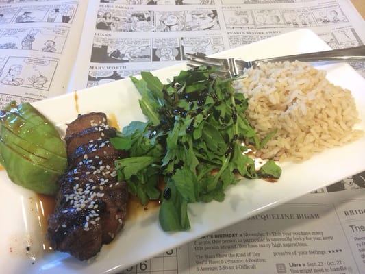 Amazingly tasty teriyaki steak with brown rice.