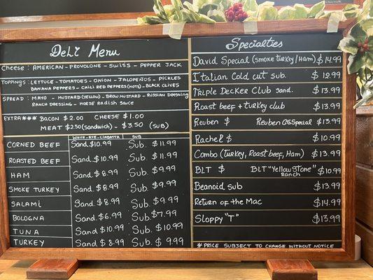 Updated menu as of 03/12/23