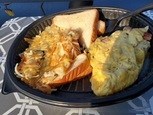 Ham n Cheese omelet, toast, and their awesome hash browns, which I crave.