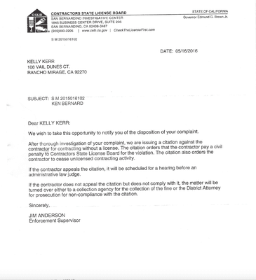 Ken Bernard of Bernard & Associates citation for contracting without a license.  I guess he doesn't understand the law?