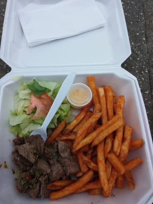 Skirt steak and fries from Lahteeno food truck