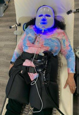 Me with blue light mask and Moradrc hip compression siit