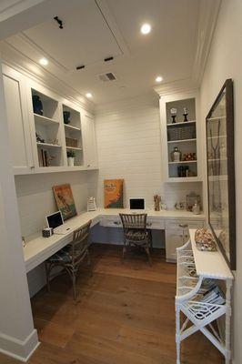 Custom built office with shiplap walls